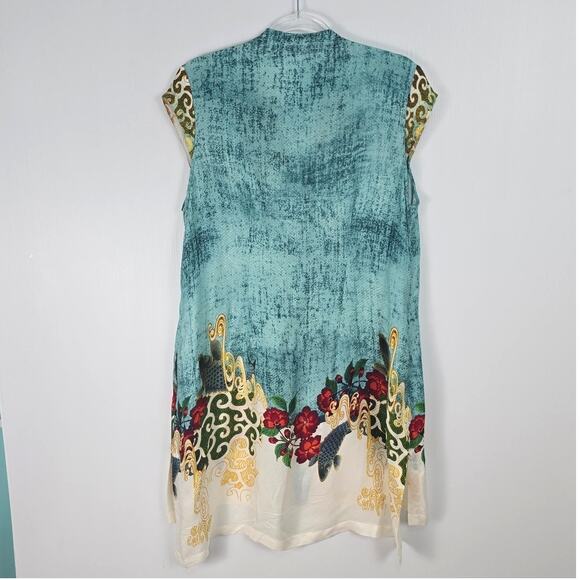 Citron Silk Sleeveless V-Neck Top Floral Koi Snake Textured Print Long Line M - Picture 2 of 8